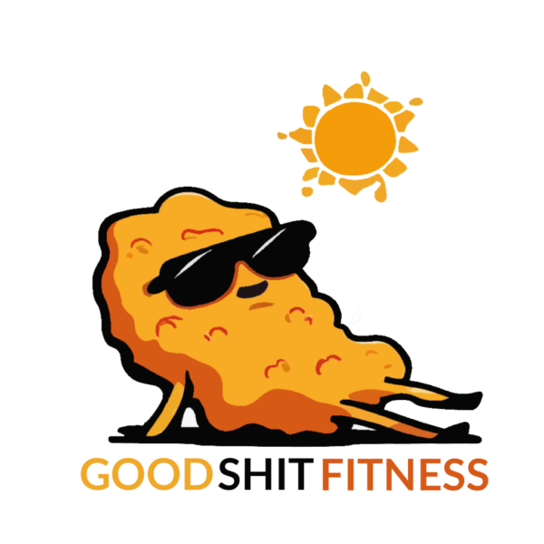 chicken nugget with sunglasses sunbathing in sun with text good shit fitness