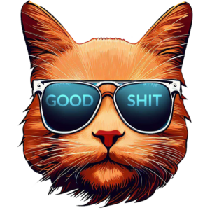 orange cat wearing sunglasses that read Good Shit